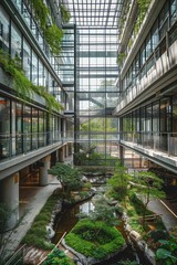 Lush indoor courtyard garden with tropical plants in modern glass atrium