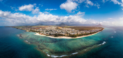 Beautiful Mauritius Island with gorgeous beach Flic en Flac, aerial view from drone. Mauritius,...