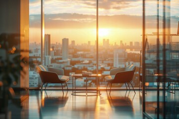 Modern office lounge overlooking cityscape at dawn