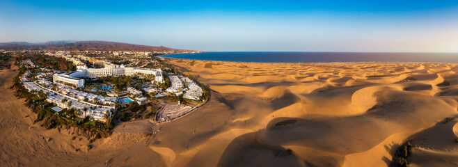 Landscape with Maspalomas town and golden sand dunes, Gran Canaria, Canary Islands, Spain. Natural...