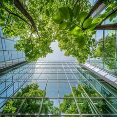Glass office building exterior with green trees reflecting, modern, sustainable architecture design