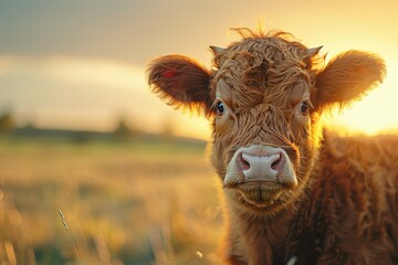 A cow is staring at the camera with a blurry background. The cow is brown and has a fuzzy appearance