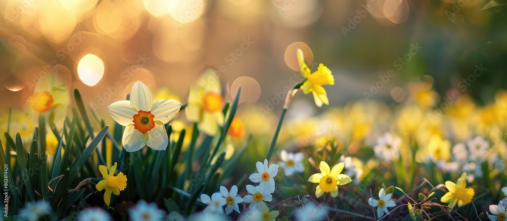 Sticker Daffodils and wildflowers in a picturesque natural setting with blurred background lights.