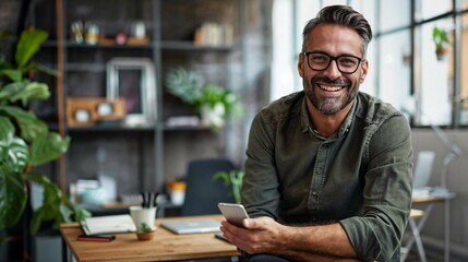 Smiling mature man with beard and glasses using smartphone at office desk