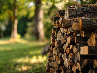 Neatly stacked firewood logs in a forest with blurred green trees in the background