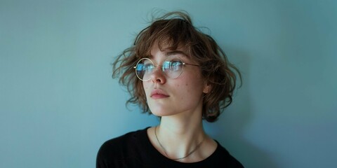 Young woman with short, wavy brown hair wearing round glasses and a black top on a blue background