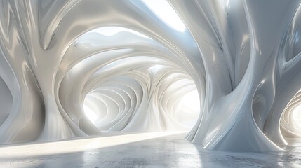 A white room with a spiral design. The room is empty and has a very modern and futuristic feel to it