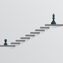Chess pawn standing with king on the top of stairs. Dream, motivation and ambition vector illustration