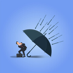 Businessman under the umbrella as a shield protecting from attacks. Business protection concept illustration