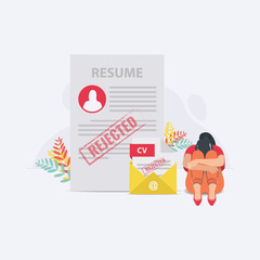 Sad woman with job application rejected illustration