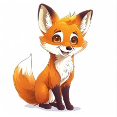 Obraz premium A cute cartoon fox with big eyes and a fluffy tail. The fox is sitting on a white background and looking at the viewer with a friendly expression.