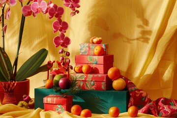 Red envelopes, vibrant orchids and tangerines, the green podium showcases products against a festive yellow backdrop, providing an ideal setting for advertising and display - generative ai