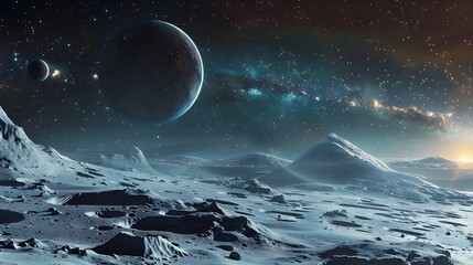 Alien Observatory on Distant Moon Watching Planetary Alignment in Mystical Sci Fi Landscape