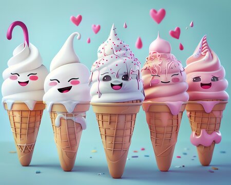 Five ice cream cones with different flavors and toppings. The ice cream is melting and dripping down the cones. The ice cream has cute faces and is surrounded by hearts.