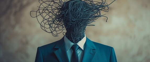 Blue-suited figure, head adorned with artistic scribble effect, visually represents dizziness and disorientation uniquely and expressively for seekers of symbolic art.