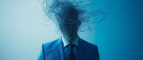 Blue-suited figure with artistic scribbles embodies dizzying disorientation, visually unique style for seekers of striking symbolism.