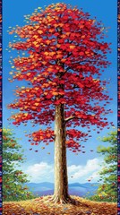 Vibrant Autumn Tree with Red Leaves Against a Clear Blue Sky in a Painted Landscape