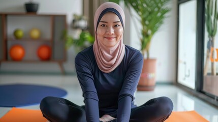 woman instructor wearing hijab t-shirt tutoring anjaneyasana yoga pose on orange pilates mattress