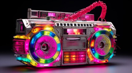 An artistic rendition of a DIY boombox pinata crafted with metallic and fluorescent paper showcased on a solid white background for an authentic 80s celebration