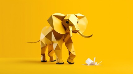 An origami elephant performing tricks presented on a solid yellow background capturing the whimsy and charm of a circus performance