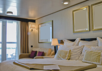 Luxurious ocean view balcony or verandah cabin on luxury cruiseship or cruise ship ocean liner in...