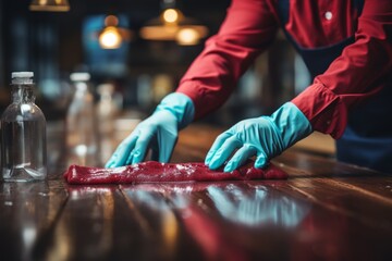 A waitress wearing a red uniform and blue gloves is cleaning a wooden table with a blue rag. She is standing in a restaurant or bar with blurred background lights - Powered by Adobe