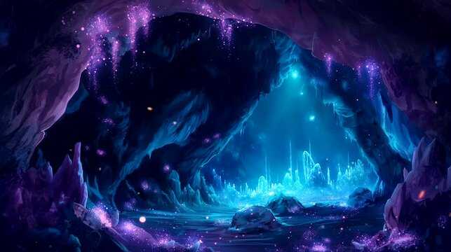 Luminous Glowing Caves: Illuminated Depths Below. Fantasy landscape anime or cartoon style, looping 4k video animation background