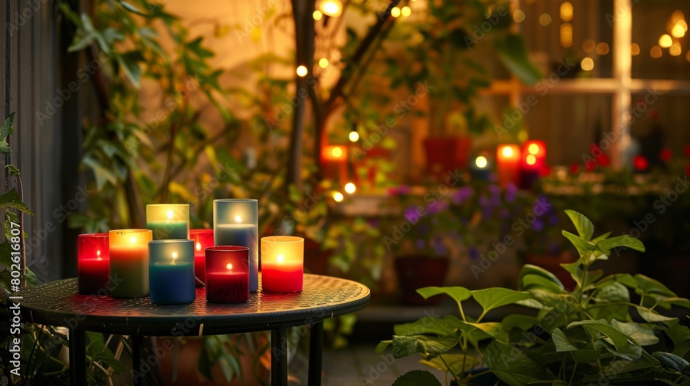 Poster in the corner of the patio a small table is adorned with a variety of colorful candles adding a touc