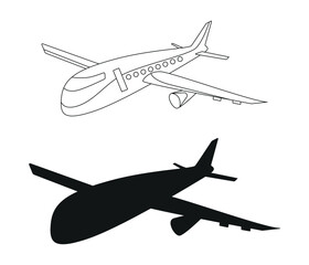 Hand drawn airplane outline illustration and silhouette