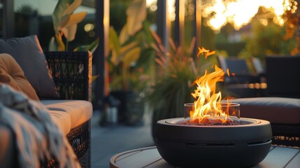 Obraz premium The inviting and cozy atmosphere of an ecofriendly bioethanol fireplace makes it the perfect addition to any outdoor terrace or patio. 2d flat cartoon.