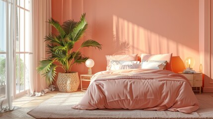 Bedroom in pastel tone peach fuzz 