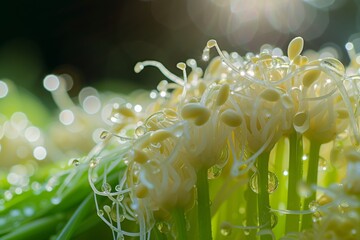 rice sprouts early morning dew macro photo