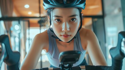 woman cyclist. She is exercising at home. She is playing games