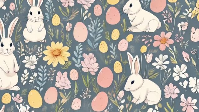 pattern with bunnies, flowers, easter eggs, motion