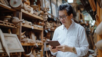 businessman using tablet while standing with wood craft shop
