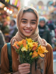 Young Middle Eastern Woman Sharing Joy with Flowers in Urban Square on Global Love Day