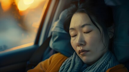 Weary Asian Woman Slumped in Car Seat After Long Day of Travel