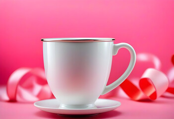 Fototapeta premium A white metal cup with pink ribbons on a pastel pink background, with soft lighting and bokeh effect.