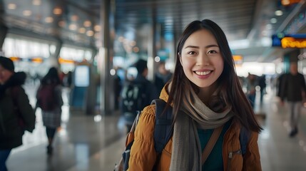 Fototapeta premium Young Asian woman with radiant smile strides purposefully through bustling airport concourse backpack on her shoulders