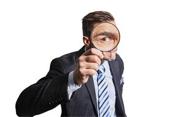 Funny man businessman man with a magnifying glass in his hand