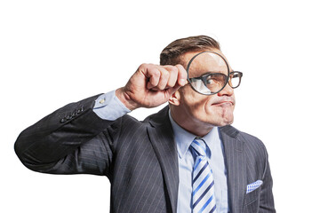 Funny man businessman man with a magnifying glass in his hand