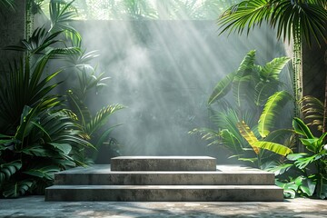 Showcase podium in a 3D rendered rainforest theme for commercial