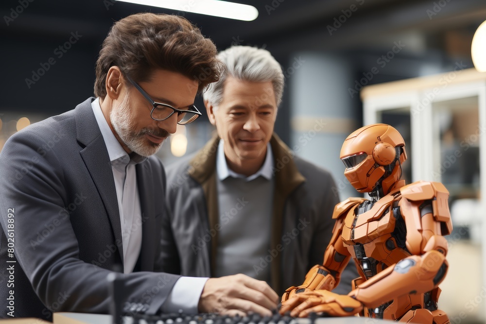 Poster Two scientists in lab coats work on a cutting-edge robot project. The robot, on a table in front of them, will revolutionize the field of robotics with its advanced technology and innovative design