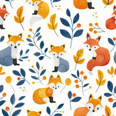 cute fox cartoon seamless pattern, 2d illustration