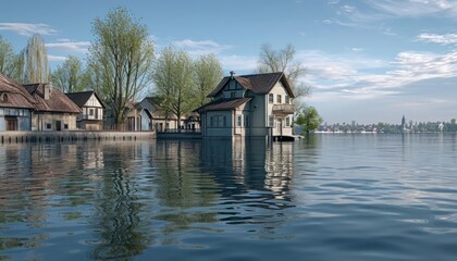 Naklejka premium Tranquil lake house, charming shoreline village, serene reflections, realistic water effects capture unique lakeside beauty effortlessly.