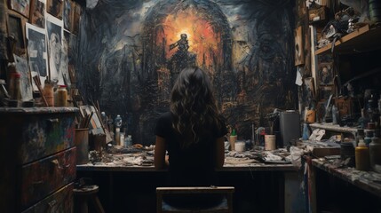 An artist in a cluttered studio pausing from painting to reflect with artwork depicting dark and moody themes illustrating the expression of depression through art