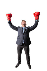 funny man businessman man in boxing gloves The victorious one winner