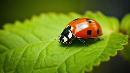 Fototapeta premium Closeup of a ladybug crawling on a green leaf showcasing natural pest control in a garden ecosystem