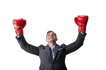 funny man businessman man in boxing gloves The victorious one winner