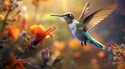Fototapeta premium Detailed macro shot of a hummingbird hovering near colorful flowers capturing rapid wing movement